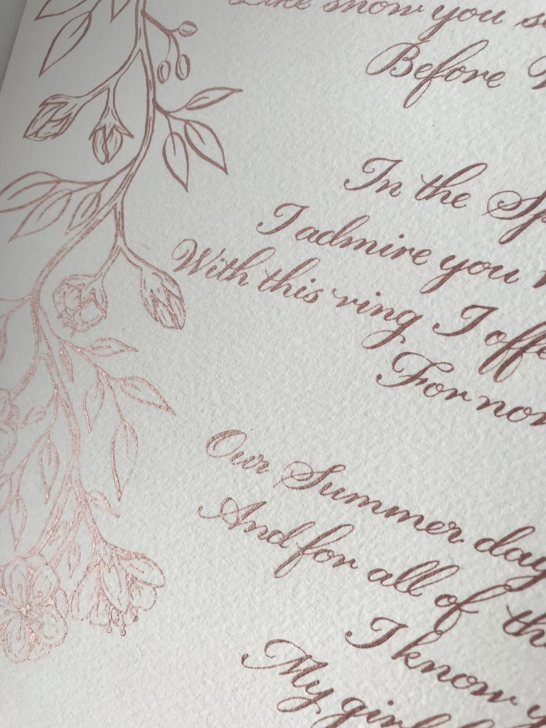 Classic Calligraphy Style with Illustrations - Rose Gold Ink - Bespoke Calligraphy Poem or Letter - Fine Art Design Studio